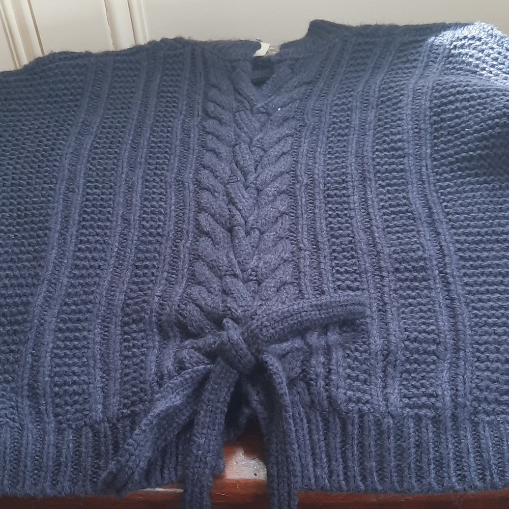 ASTR Navy Cable-Knit Scoop Sweater with Front Tie
